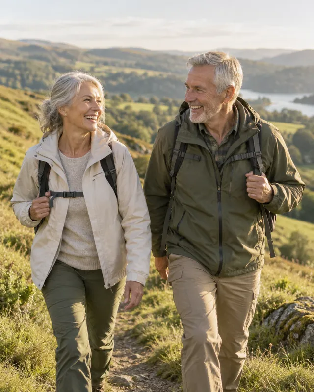 A couple in their sixties hiking on a hillside
