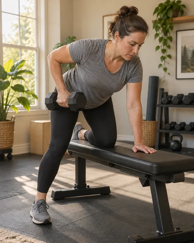 A woman lifting a dumbbell in a home gym