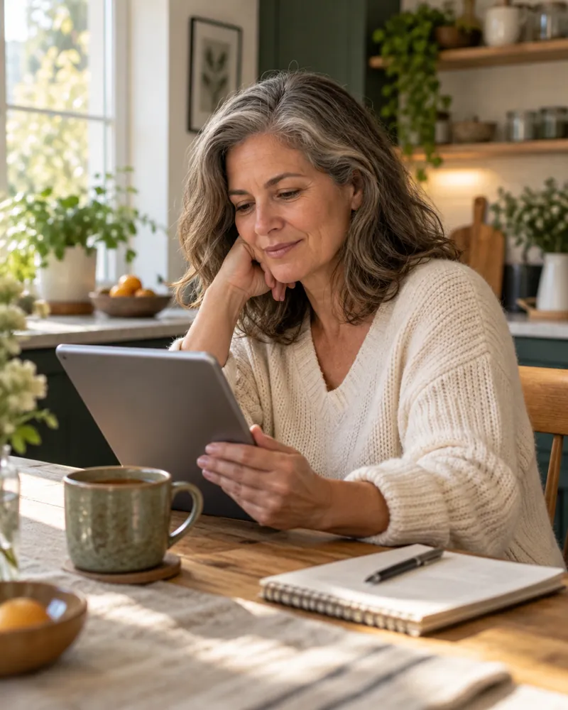 A woman in her fifties reading on a tablet at her kitchen table