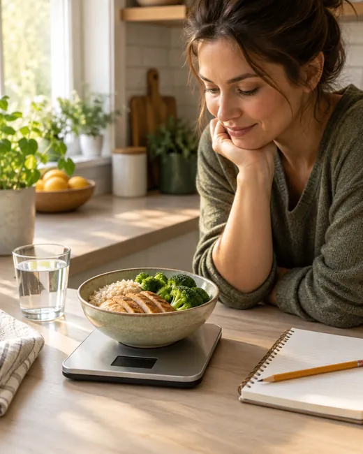 A woman at her kitchen counter with a bowl of chicken and broccoli on a scale