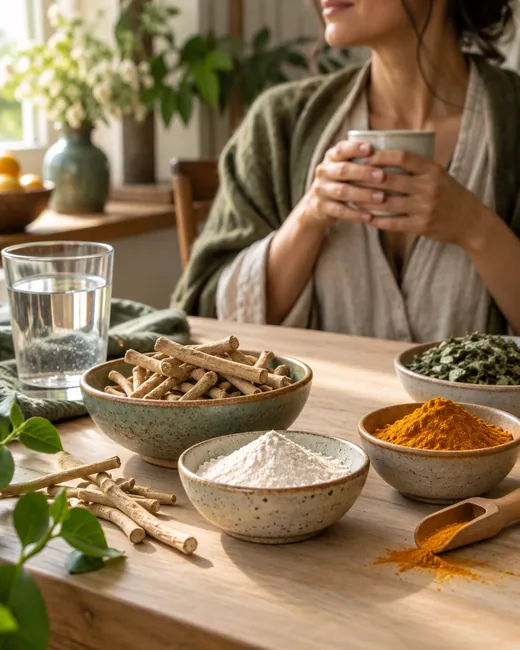 Bowls of ashwagandha root, magnesium powder and turmeric on a wooden table
