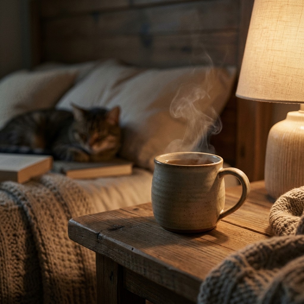 Warm tea and dim light, part of an evening wind-down routine